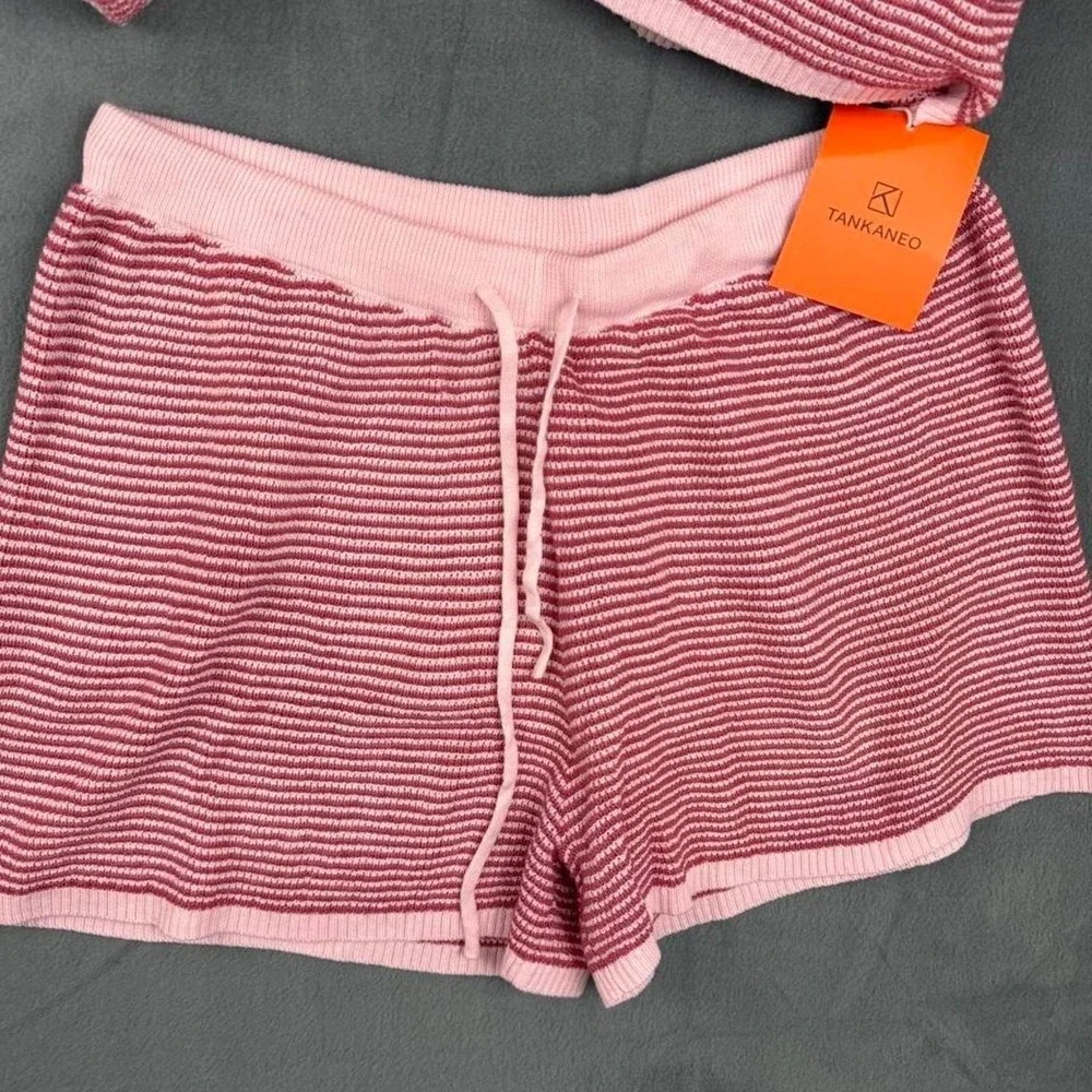 Pink Striped Polo Shirt & Shorts Set Women's Matching Preppy Lounge Outfit